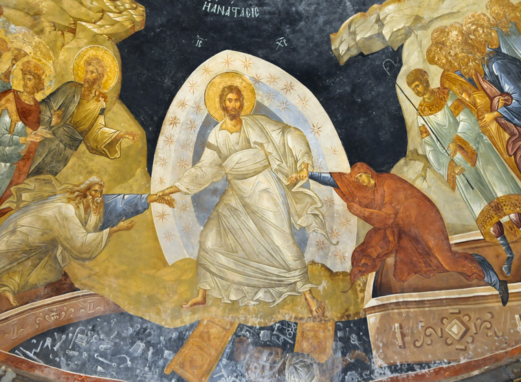 Auferstehung / kathbild.at/Rupprecht Auferstehung, Jesus holt in Gestalt von Adam und Eva die Menschheit aus dem Totenreich, Chorakloster
