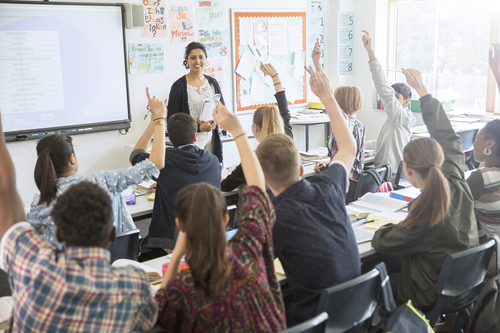 Unterrichtsstunde mit Schüler:innen die aufzeigen.